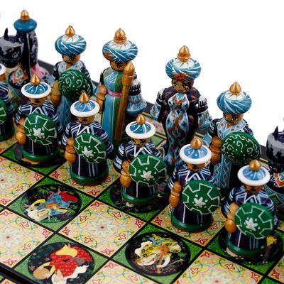 Alternate image for Handcrafted Classic Lacquered Wood Chess Set from Tajikistan Tajikistan Strategist