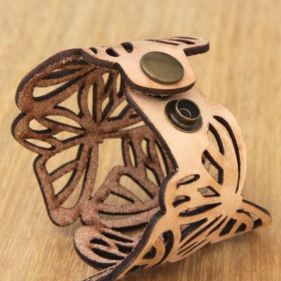 Alternate image for Beige Leather Butterfly Wristband Bracelet Crafted in Brazil Beige Brazilian Butterfly