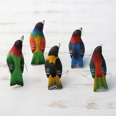 Alternate image for Hand Carved and Painted Bird Ornaments Set of 5 Festive Flock