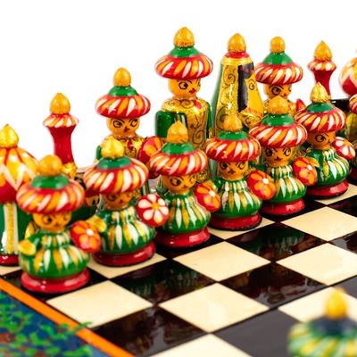 Alternate image for Handcrafted Painted Walnut Wood Chess Set in Teal Teal Bukhara Folklore