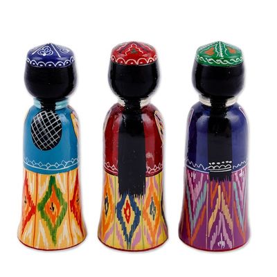 Alternate image for Set of 3 Handcrafted Traditional Multicolor Wood Figurines Tajikistan Dames