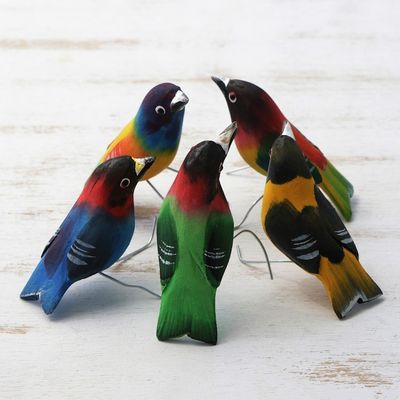 Alternate image for Hand Carved and Painted Bird Ornaments Set of 5 Festive Flock