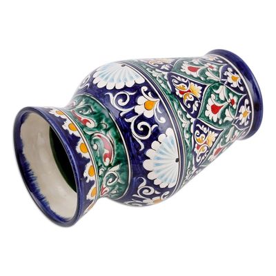 Alternate image for Uzbekistan Blue and Green Glazed Ceramic Bouquet Vase Rishtan Heritage