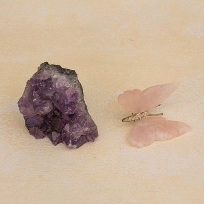 Alternate image for Rose Quartz Butterfly on Amethyst Nugget Figurine Rosy Wings