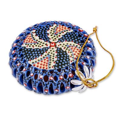 Alternate image for Painted Swirl-Patterned Blue and Yellow Ceramic Ornament Hypnotic Folklore