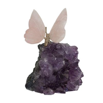 Alternate image for Rose Quartz Butterfly on Amethyst Nugget Figurine Rosy Wings