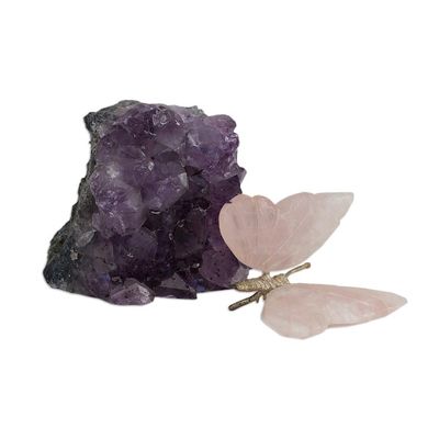 Alternate image for Rose Quartz Butterfly on Amethyst Nugget Figurine Rosy Wings