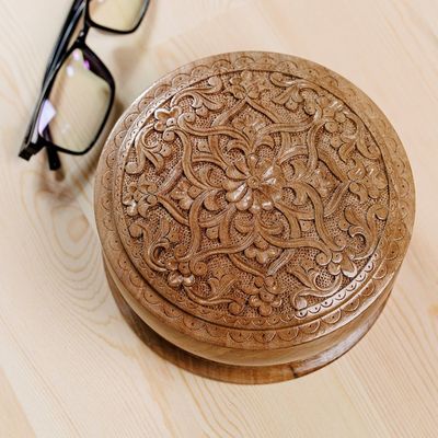Alternate image for Classic Floral Round Walnut Wood Jewelry Box from Uzbekistan Middle East Bloom