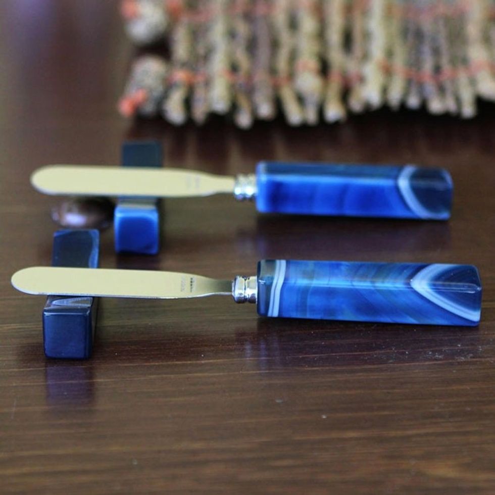 Agate Spreader Knives Handcrafted in Brazil Pair 'Sapphire Blue Deli'