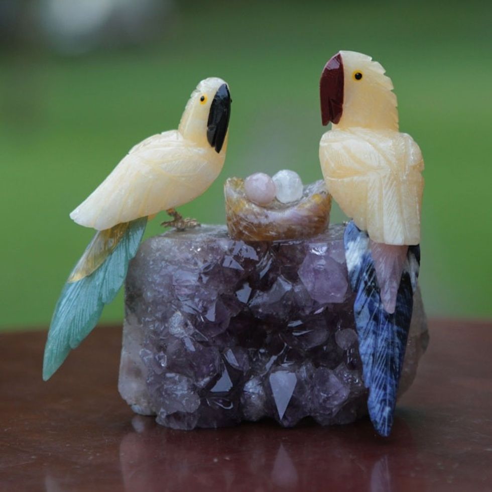 Handcrafted Brazilian Gemstone Bird Sculpture 'Macaw Family'