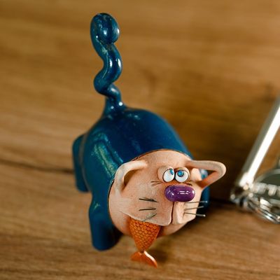 Alternate image for Handcrafted Blue Ceramic Figurine of Cat and Fish Feline Mischief in Blue