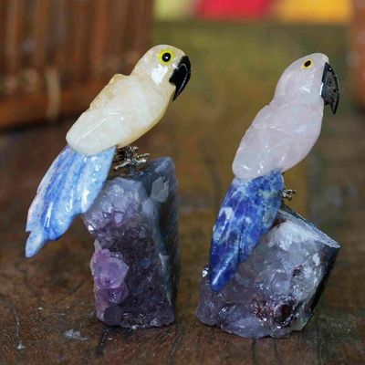 Alternate image for 2 Multi-Gemstone Macaw Figurines Handmade in Brazil Macaw Twosome