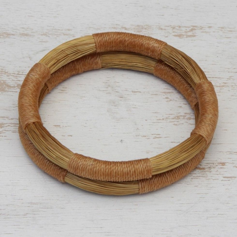 Pair of Handcrafted Golden Grass Bangle Bracelets 'Jalapo Equilibrium'