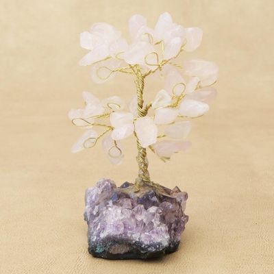 Alternate image for Rose Quartz Gemstone Tree with an Amethyst Base from Brazil Sweet Leaves