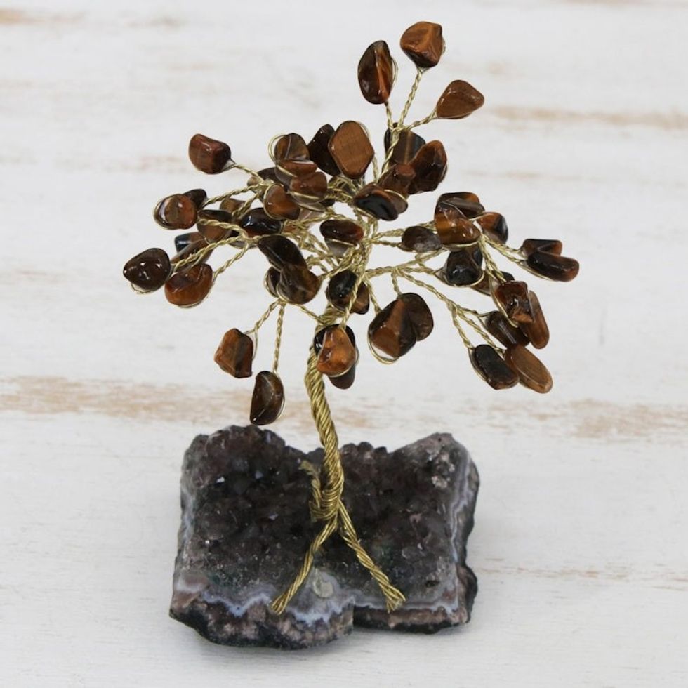 Tiger's Eye and Amethyst Gemstone Tree Sculpture from Brazil 'Little Tree'