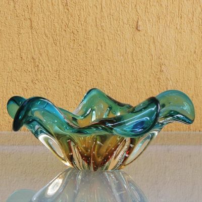 Alternate image for Blue and Yellow Art Glass Decorative Bowl from Brazil Artistic Splash