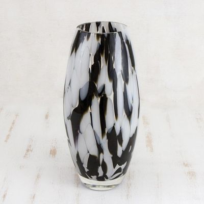 Alternate image for Hand Blown Murano-Style Art Glass Vase in Black and White Elegant Drip