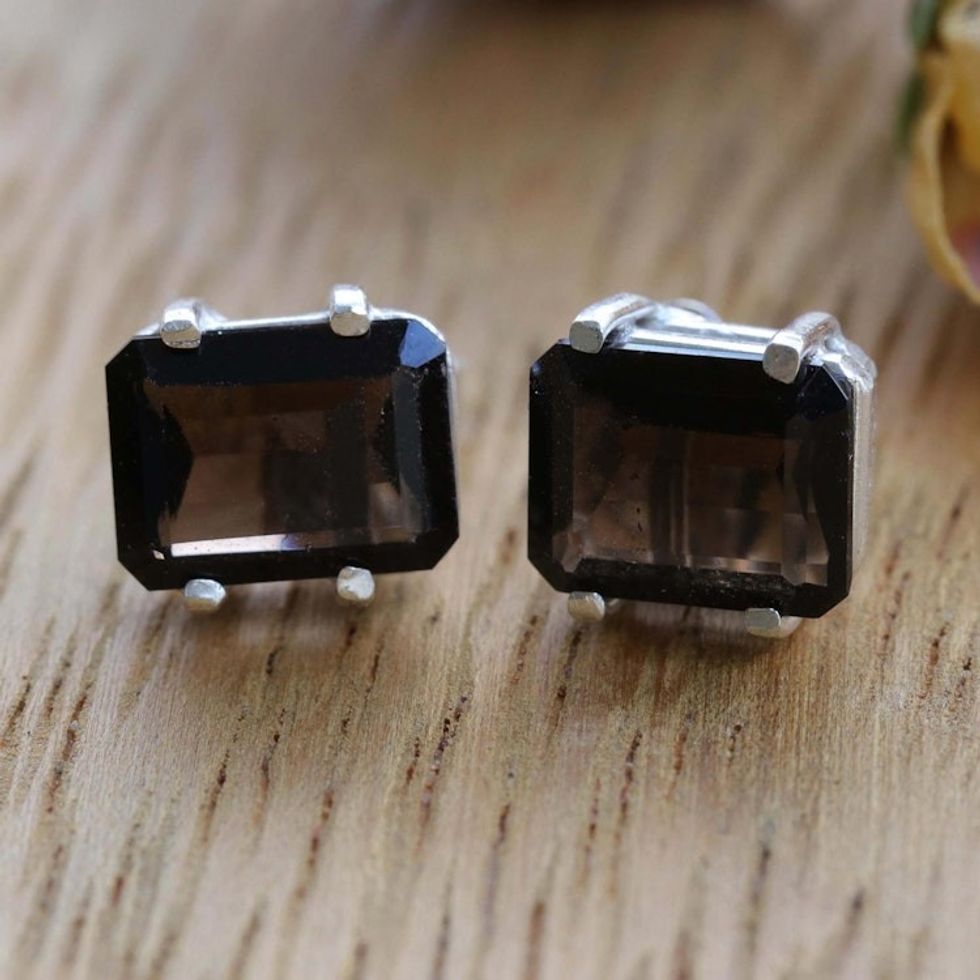 Square Cut Brazilian Smoky Quartz Stud Earrings 'Mysticism'