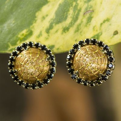 Alternate image for Brazilian Golden Grass and Rhinestone Button Earrings Bright Halo