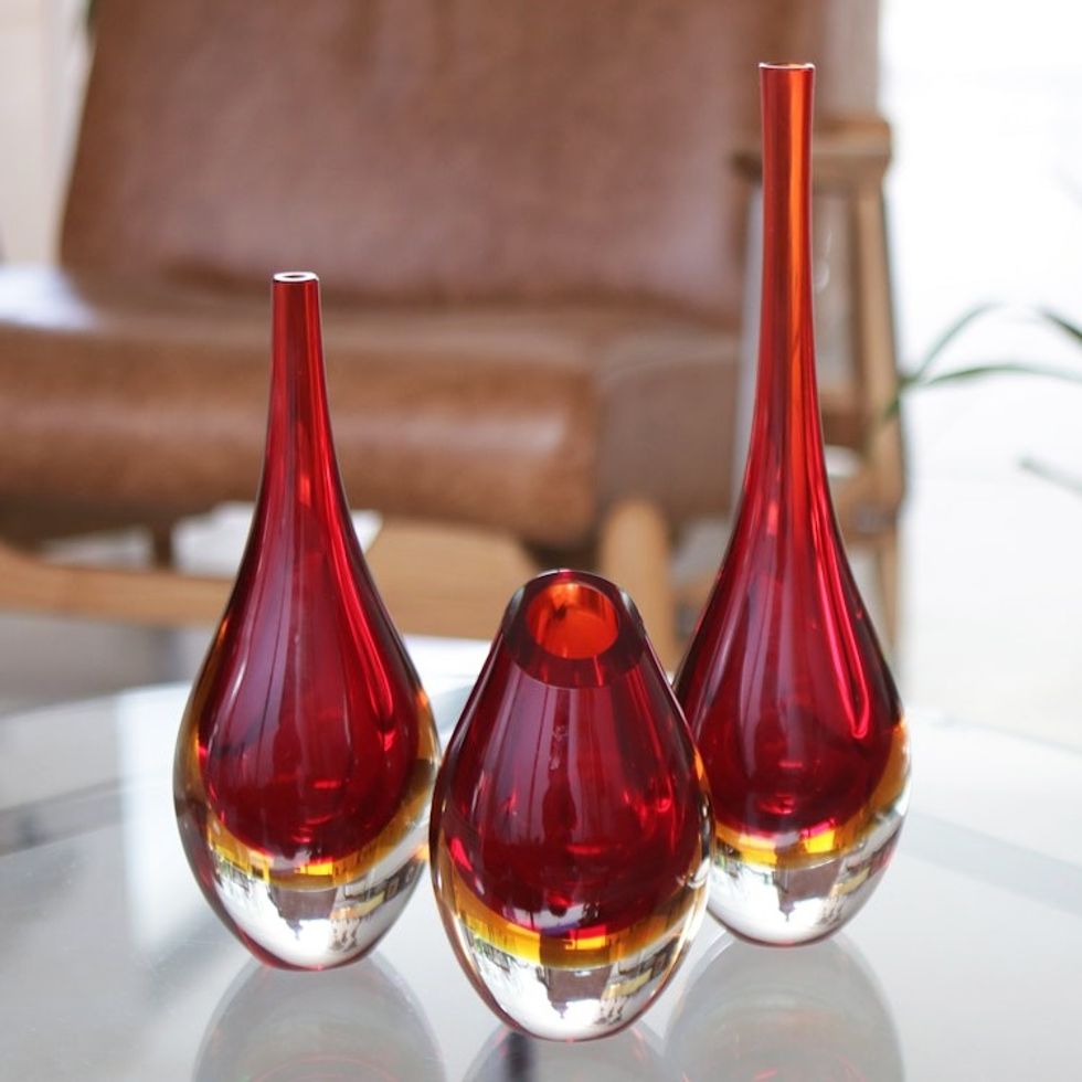 Ruby Red Murano Inspired Art Glass Vases Set 'Levitating Ruby'