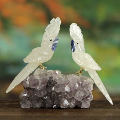 Alternate image for Hand Crafted Quartz and Amethyst Gemstone Sculpture Cockatoo Couple
