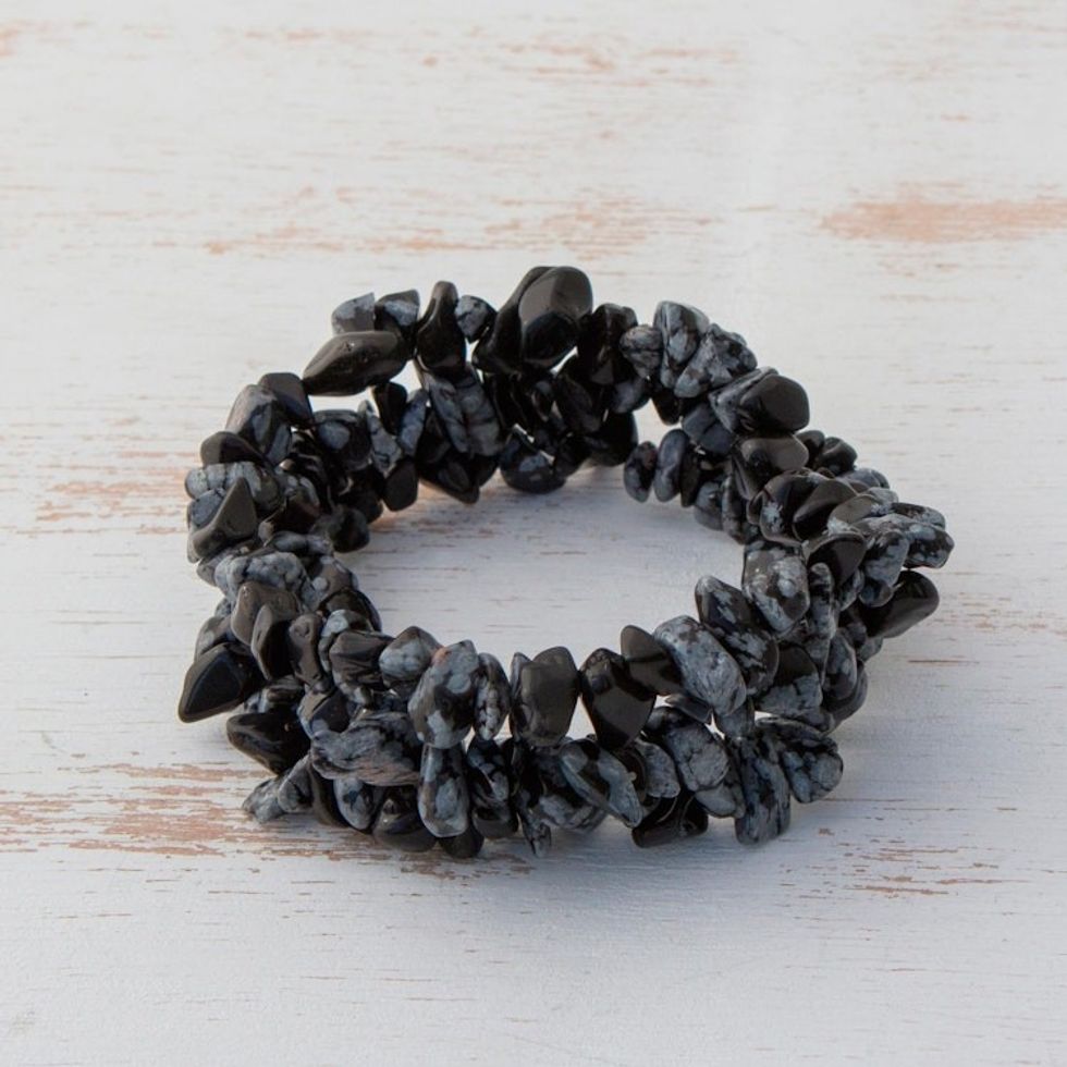 Obsidian Chip Beaded Stretch Bracelets Set of 3 'Stormy Trio'