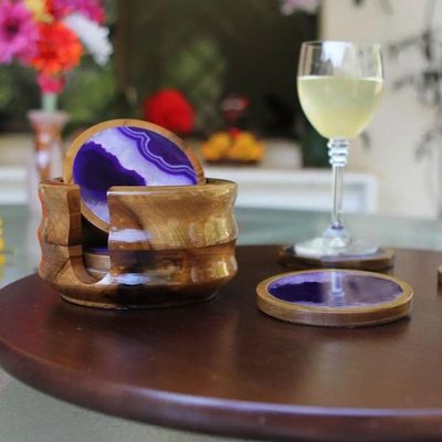 Alternate image for Handcrafted Stone Cedarwood Coasters Set of 6 with Holder Purple Cosmos