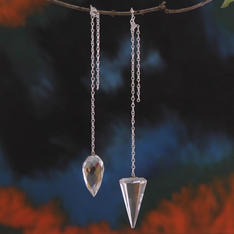 2 Crystal Quartz Pendulums on Brass Chains from Brazil 'Purifying Geometry'