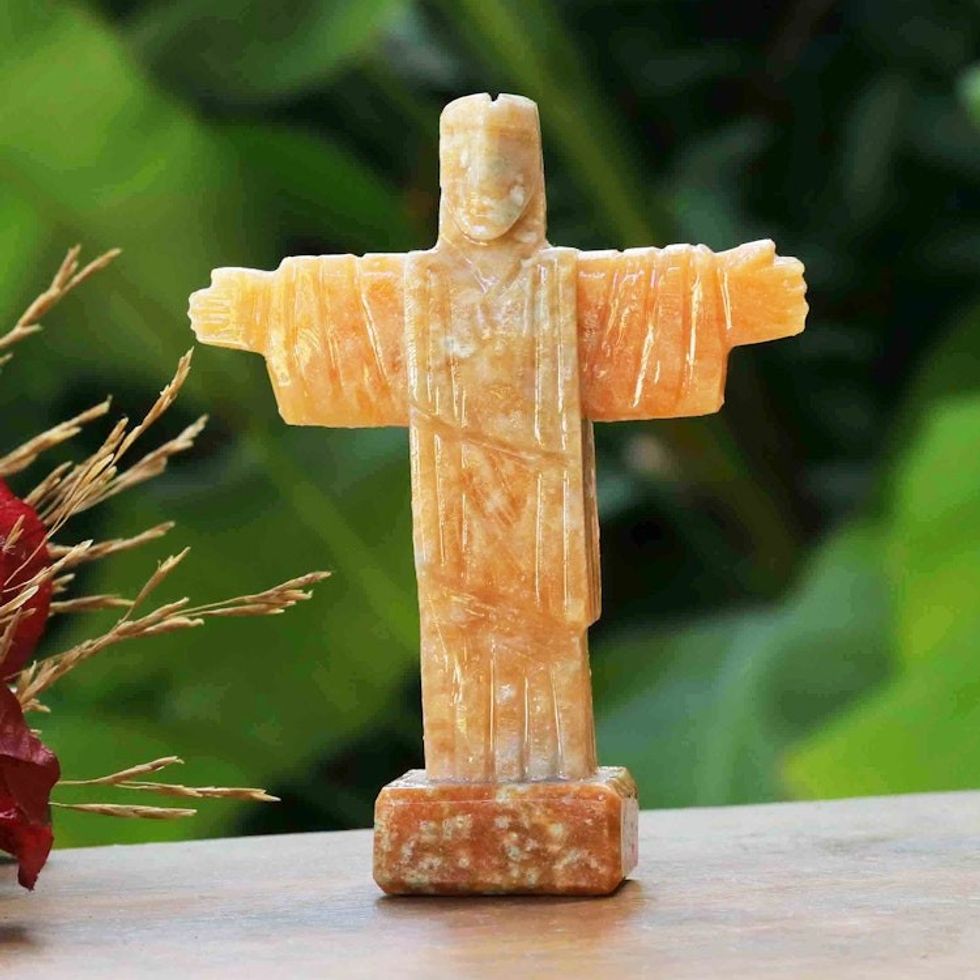 Christ the Redeemer-Inspired Handmade Calcite Sculpture 'Energy of the Benevolent'