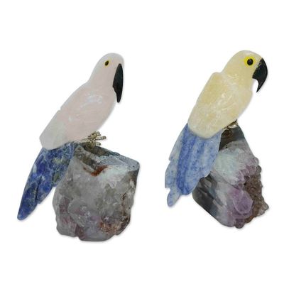 Alternate image for 2 Multi-Gemstone Macaw Figurines Handmade in Brazil Macaw Twosome