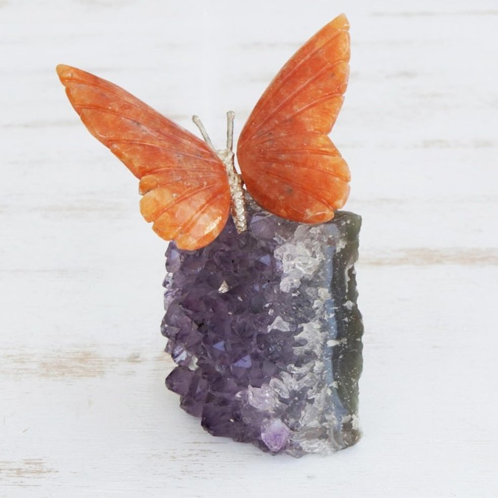 Orange Calcite and Amethyst Butterfly Gemstone Sculpture 'Orange Wings'