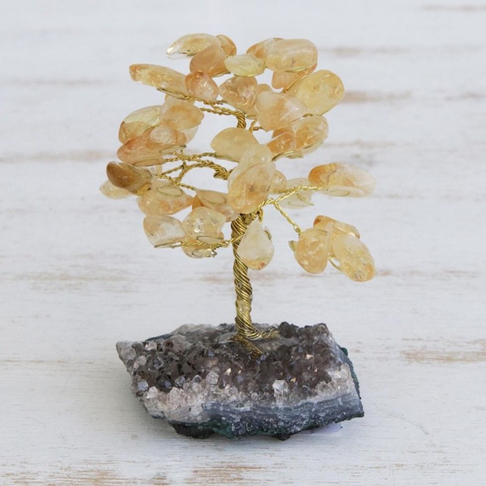 Citrine Gemstone Tree with an Amethyst Base from Brazil 'Sunny Leaves'