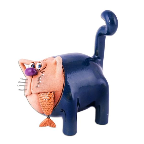 Alternate image for Handcrafted Blue Ceramic Figurine of Cat and Fish Feline Mischief in Blue
