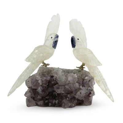Alternate image for Hand Crafted Quartz and Amethyst Gemstone Sculpture Cockatoo Couple