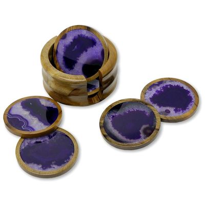 Alternate image for Handcrafted Stone Cedarwood Coasters Set of 6 with Holder Purple Cosmos