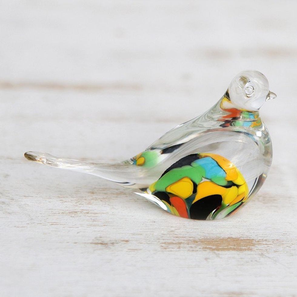 Handblown Brazilian Colorful Bird Art Glass Paperweight 'Confetti Canary'