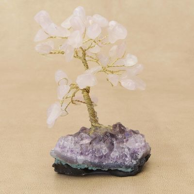 Alternate image for Rose Quartz Gemstone Tree with an Amethyst Base from Brazil Sweet Leaves