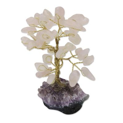 Alternate image for Rose Quartz Gemstone Tree with an Amethyst Base from Brazil Sweet Leaves