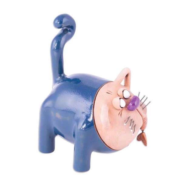 Alternate image for Handcrafted Blue Ceramic Figurine of Cat and Fish Feline Mischief in Blue