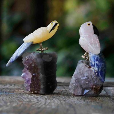 Alternate image for 2 Multi-Gemstone Macaw Figurines Handmade in Brazil Macaw Twosome