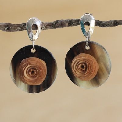 Alternate image for Beige Floral Gold Accented Wood and Horn Dangle Earrings Toffee Rose