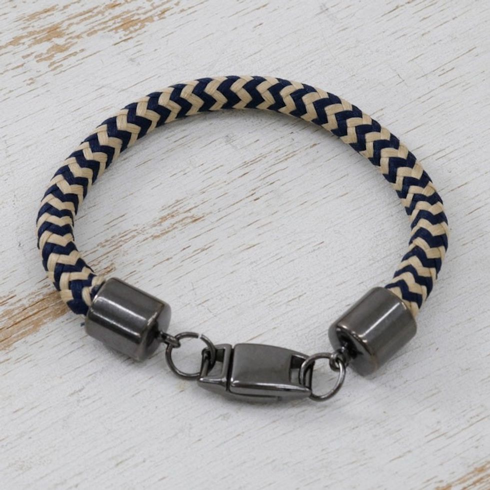 Beige and Navy Striped Cotton Cord Bracelet from Brazil 'Nautical Navy'