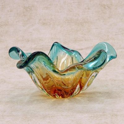 Alternate image for Blue and Yellow Art Glass Decorative Bowl from Brazil Artistic Splash