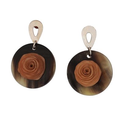 Alternate image for Beige Floral Gold Accented Wood and Horn Dangle Earrings Toffee Rose