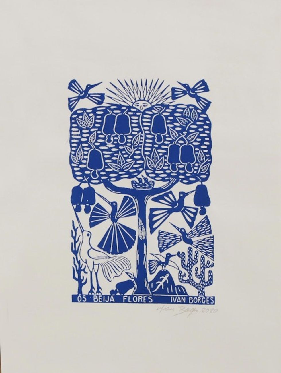 Hummingbird Garden Blue and White Brazilian Woodcut Print 'The Hummingbirds'