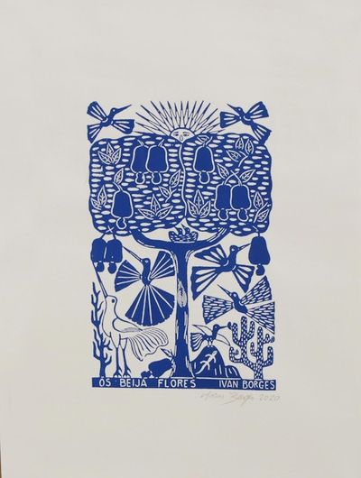 Alternate image for Hummingbird Garden Blue and White Brazilian Woodcut Print The Hummingbirds