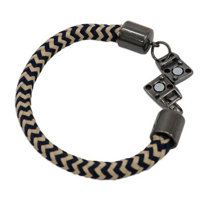 Alternate image for Beige and Navy Striped Cotton Cord Bracelet from Brazil Nautical Navy