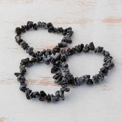 Alternate image for Obsidian Chip Beaded Stretch Bracelets Set of 3 Stormy Trio