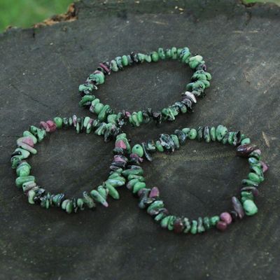 Alternate image for 3 Green and Purple Zoisite Beaded Bracelets from Brazil Amazon Forests