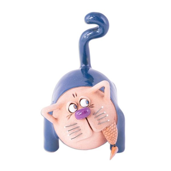 Alternate image for Handcrafted Blue Ceramic Figurine of Cat and Fish Feline Mischief in Blue